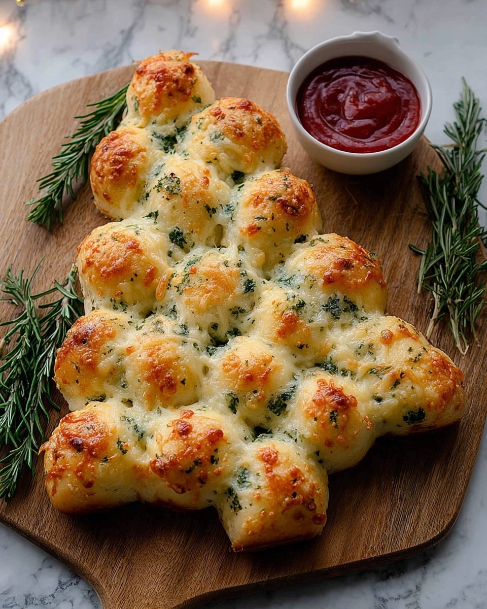 The image shows a Christmas tree-shaped bread made of small, round dough balls baked together, with a golden-brown top sprinkled with melted cheese and finely chopped green herbs between the dough balls. The bread is placed on a wooden cutting board with sprigs of fresh rosemary on the side. To the upper right, a small white bowl holds a red dipping sauce, adding contrast to the scene. The whole setup is on a white marbled surface, with soft, warm lighting highlighting the texture and color of the bread. Photo taken with an iphone --ar 4:5 --v 7