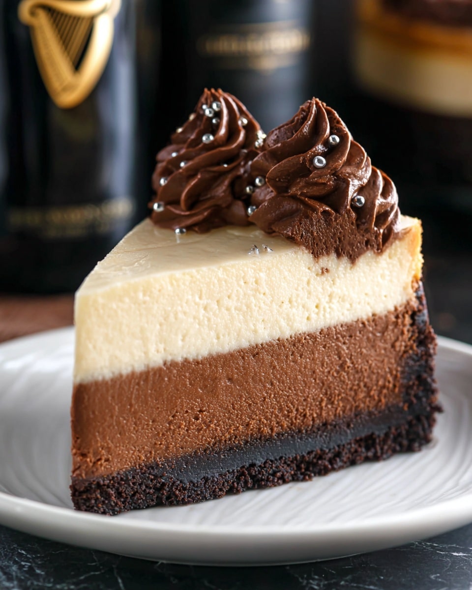 A slice of rich chocolate cheesecake sits on a white plate with a three-layer structure: the bottom layer is a dark, crumbly chocolate crust; the middle layer is thick, smooth, and creamy chocolate cheesecake filling with a slightly rough texture; and the top layer is a thin, even spread of light cream-colored frosting. On top of the frosting, there is a decorative swirl of chocolate whipped cream, dark brown in color and textured with small waves. Tiny silver edible beads are scattered on the whipped cream and plate for decoration. The background has a soft focus with dark tones and slightly visible dark bottles behind the cake, while the surface is a white marbled texture. photo taken with an iphone --ar 4:5 --v 7