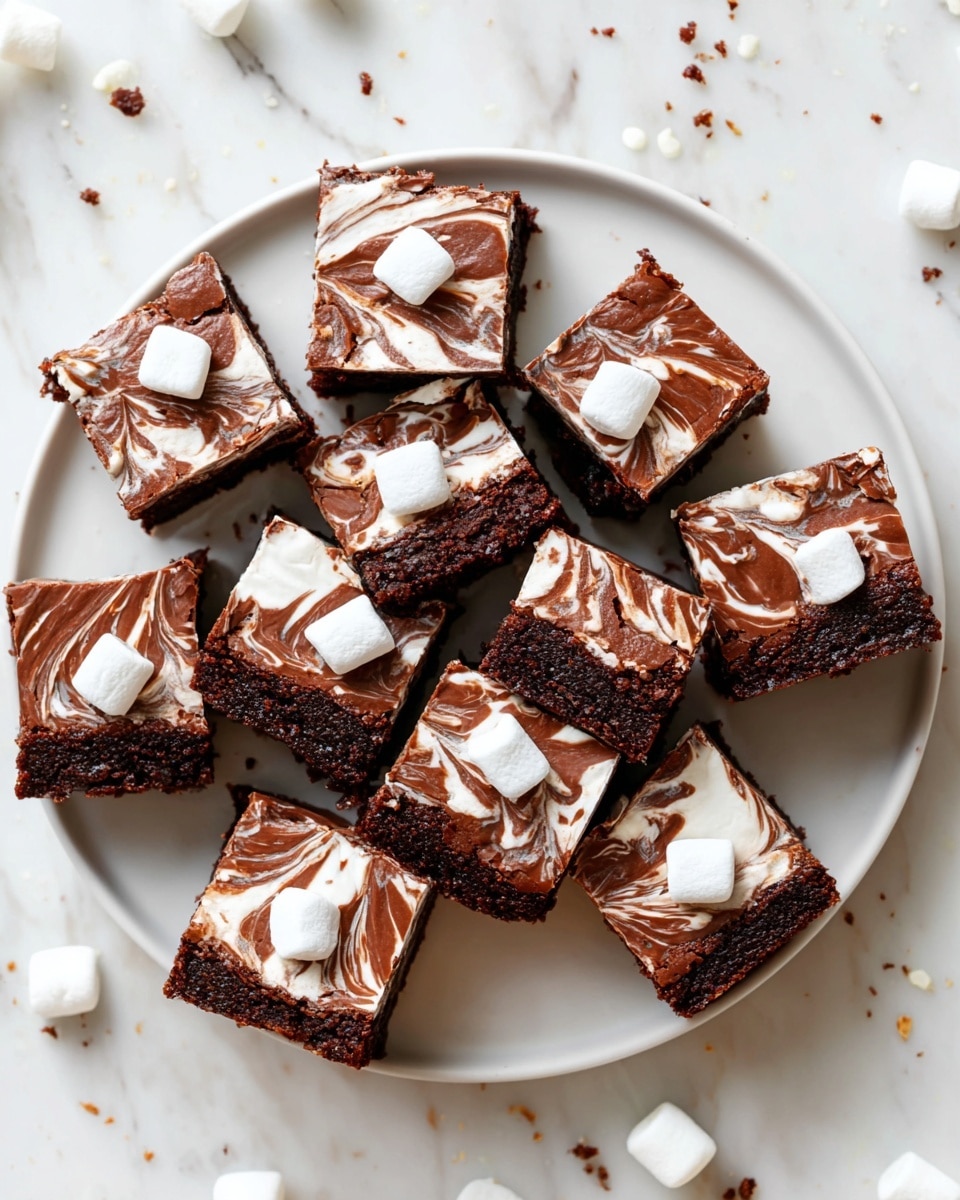 A tall stack of rich chocolate fudge squares arranged on a white plate set against a white marbled texture, each square showing two main layers: a thick, dense, deep brown chocolate base topped with a glossy chocolate and creamy white swirl pattern, creating a marbled effect on the surface. The edges of the squares are clean-cut, revealing the fudge's smooth and slightly moist texture. Scattered around and on top of the stack are small white marshmallows adding a soft contrast to the rich dark layers. Photo taken with an iphone --ar 4:5 --v 7