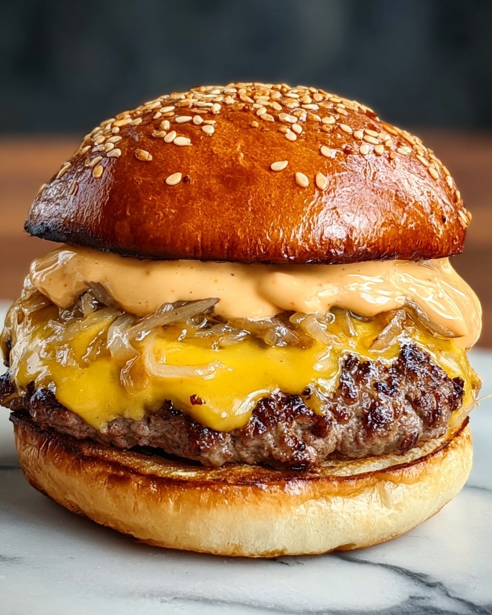 The image shows a close-up of a juicy cheeseburger with a shiny sesame seed bun on top. Below the top bun, there is a thick layer of creamy, orange-colored sauce mixed with cooked, slightly browned onions. Under the onions, melted yellow cheddar cheese covers a well-grilled, slightly charred beef patty. The bottom bun is lightly toasted and appears soft and pale. The burger sits on a white marbled surface. photo taken with an iphone --ar 4:5 --v 7
