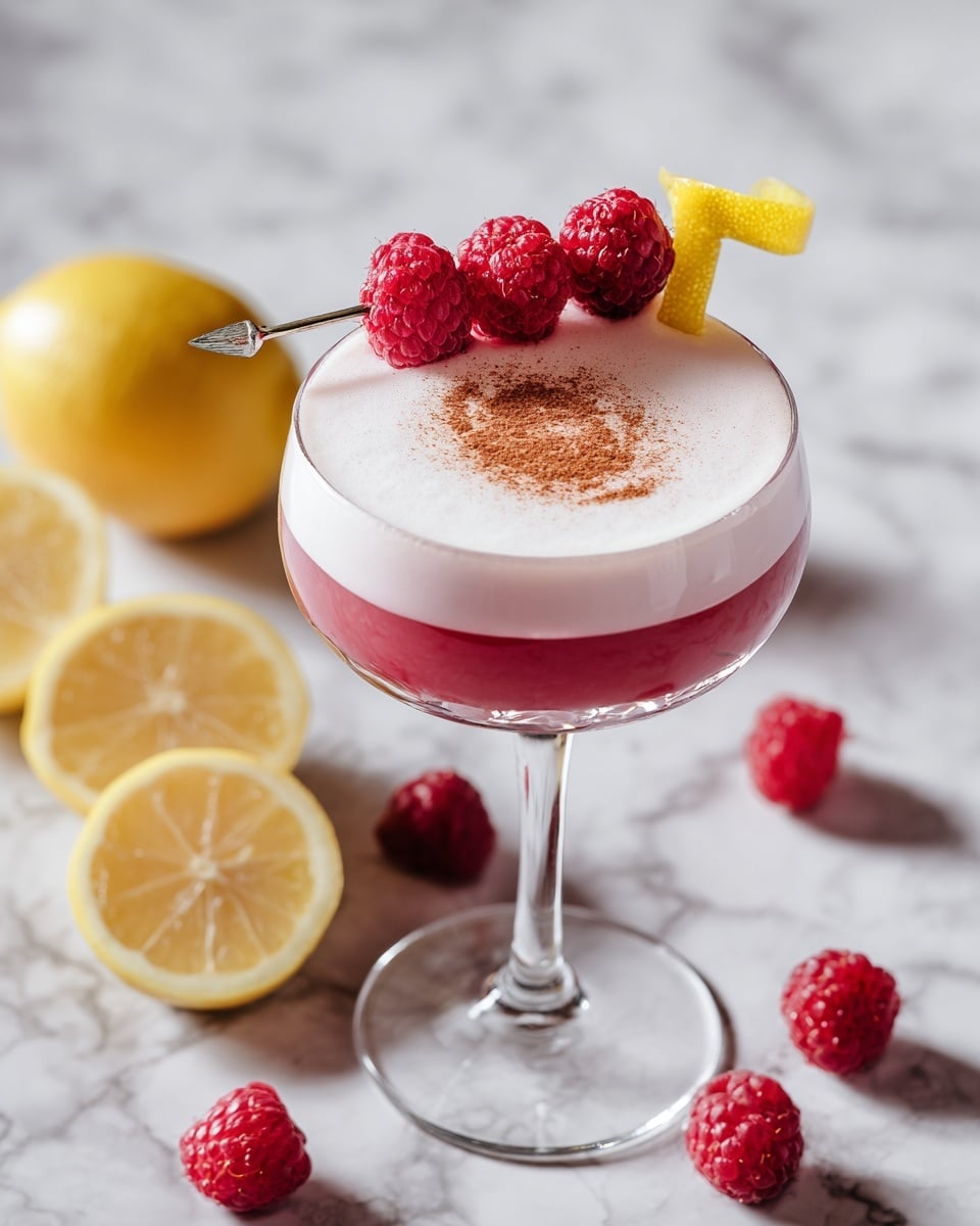 A pink cocktail in a clear stemmed glass has two main layers: a smooth pink base liquid and a thick white foam layer on top. There is a detailed pattern on the foam made with red and brown drops, shaped like two hearts connected. Five bright red raspberries are lined up on a silver skewer, placed across the glass rim, with a yellow lemon peel spiral also hanging on the rim. The glass is placed on a white marbled texture with scattered raspberries and lemon wedges around it. Another similar cocktail glass is blurred in the background. photo taken with an iphone --ar 4:5 --v 7
