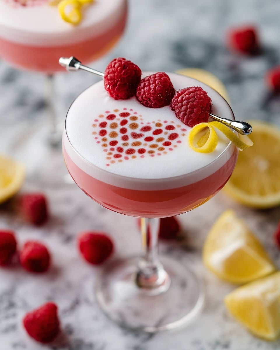 A clear stemmed glass holds a three-layered drink with a deep pink base layer, a middle layer of white foamy froth topped with a sprinkle of brown powder in the center; on top sits a garnish consisting of a skewer with four fresh red raspberries and a yellow lemon peel twist curled on the froth near the edge of the glass; scattered around the glass on a white marbled surface are loose raspberries and halved lemons, adding bright red and yellow accents. photo taken with an iphone --ar 4:5 --v 7