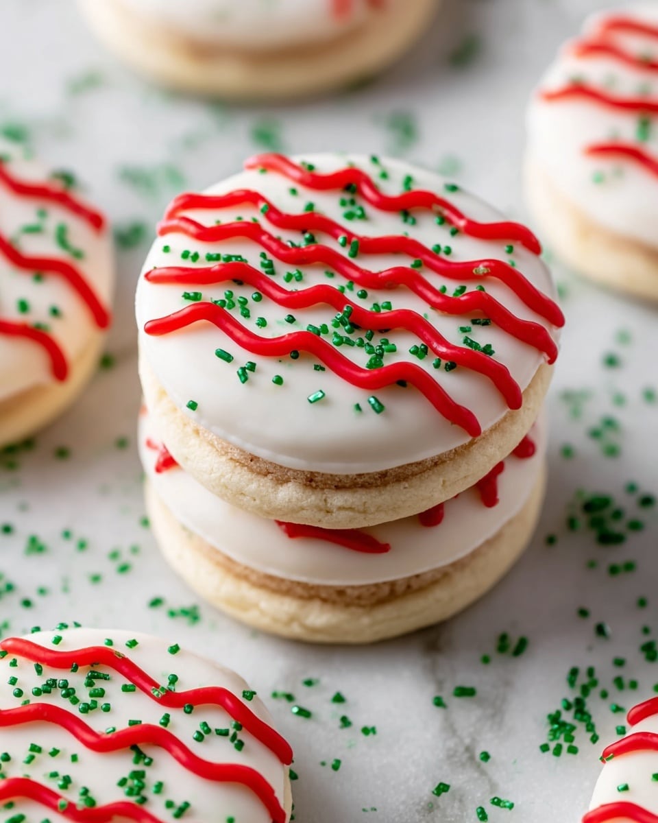 The image shows a stack of three round cookies, each with a smooth white icing layer on top that has a matte finish. The top icing layer is decorated with four bright red wavy lines made of icing spaced evenly across the surface. Small bright green square sprinkles are scattered lightly on the white icing around the red lines, adding texture and color contrast. The cookies have a visible inner layer that appears slightly creamy and light brown, sandwiched between the white outer layers. Several other cookies with the same decoration are spread around the stack on a white marbled surface, with green sprinkles scattered randomly nearby. photo taken with an iphone --ar 4:5 --v 7
