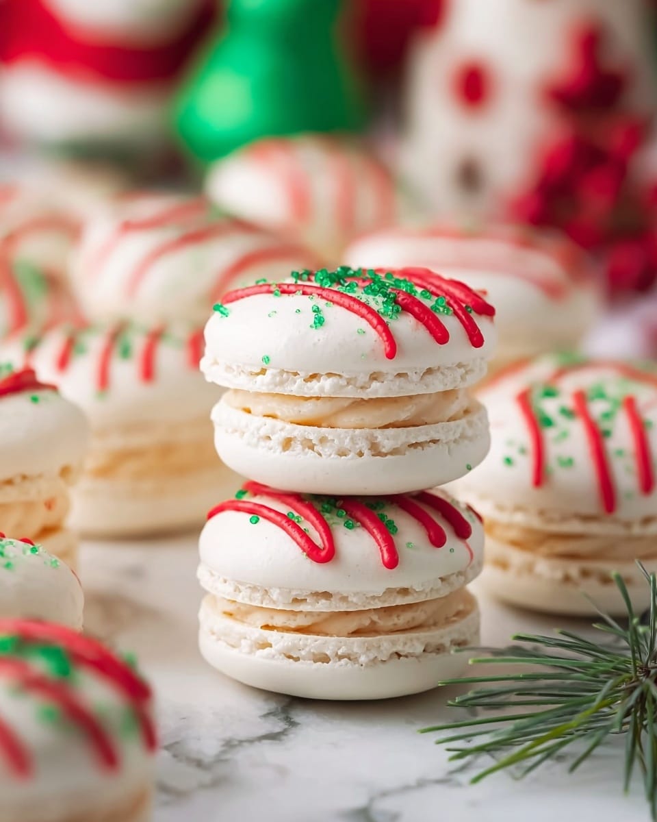 The image shows a close-up view of several white macarons stacked and arranged on a white marbled surface. Each macaron has two smooth, round, creamy white shells with a slightly textured edge and a light beige filling in the middle. The top shell of each macaron is decorated with wavy red icing lines and sprinkled with small green sugar crystals, giving a festive look. In the background, there are blurred holiday-themed shapes and colors, mainly red, green, and white, enhancing the seasonal feeling. A few green pine needles lie near the macarons, adding a natural element to the scene. photo taken with an iphone --ar 4:5 --v 7