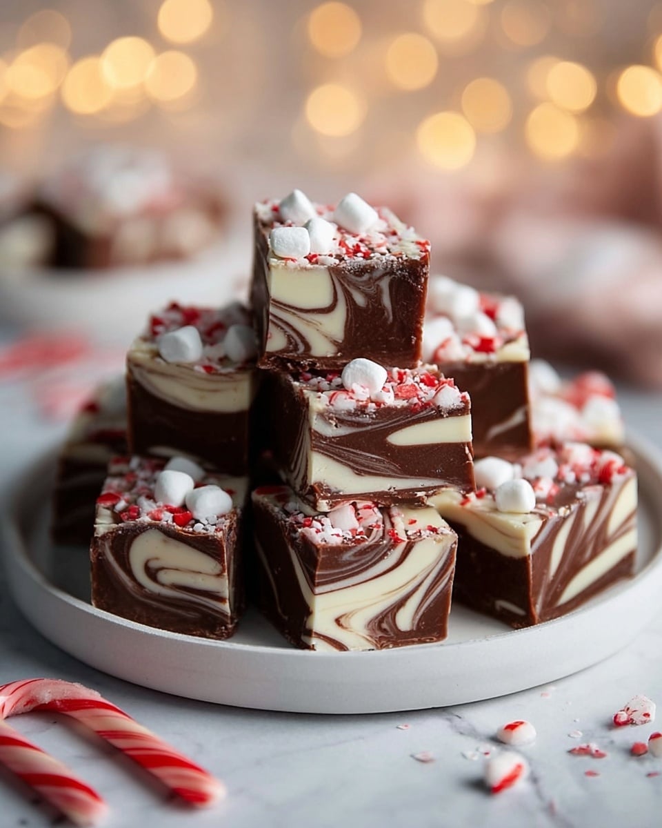 A stack of square fudge pieces is arranged on a white plate, each piece showing two layers swirled together: a dark brown chocolate layer mixed with a creamy white layer, creating a marbled pattern. The top of each fudge square is sprinkled with small white marshmallows and crushed red and white peppermint candy pieces. Around the plate, some small peppermint candy pieces and fudge squares are scattered on a white marbled surface. The background shows soft, warm lights that are blurred, adding a cozy feel. photo taken with an iphone --ar 4:5 --v 7