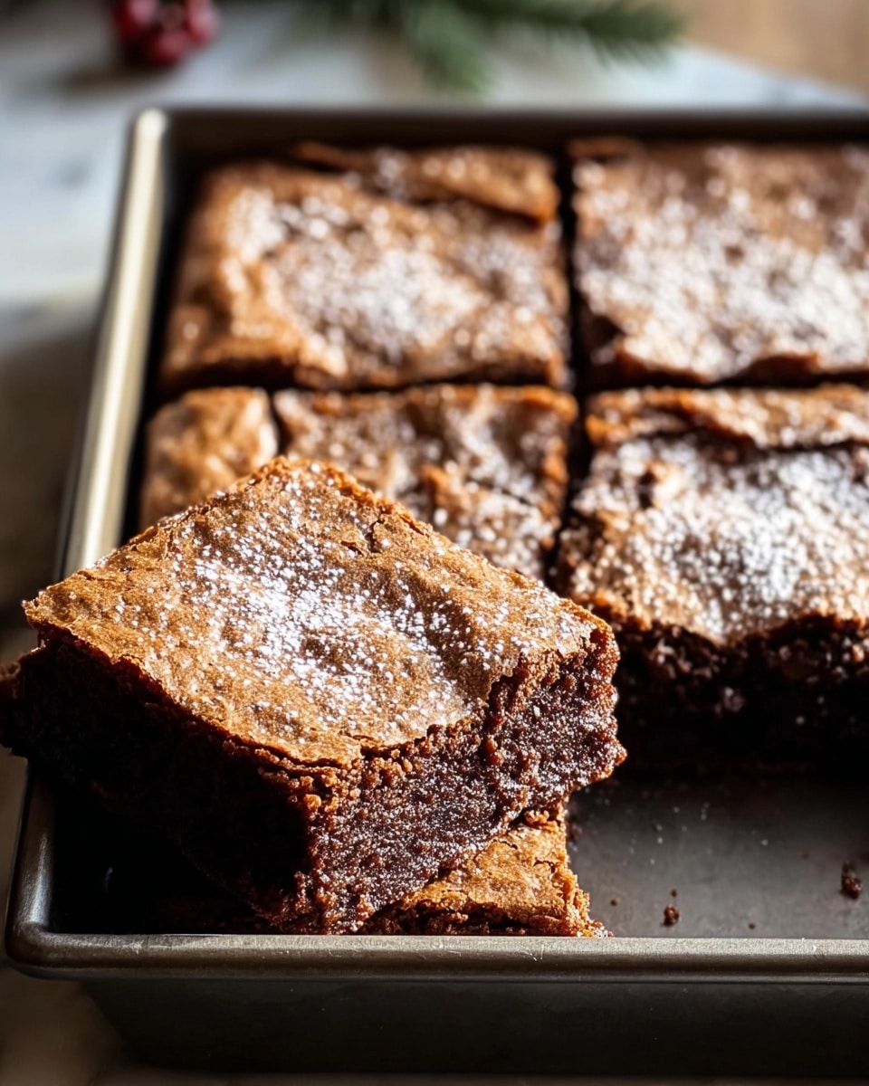 A square metal baking pan holds four large square brownies cut evenly, with one brownie piece lifted and tilted to show its dense, moist, and chocolatey inside. The brownies have a lightly cracked, shiny top sprinkled with fine white powdered sugar. The outside edges are browned and firm, while the texture inside looks soft and thick. The pan sits on a white marbled surface, with a soft natural light highlighting the rich brown color and crumbly top. Photo taken with an iphone --ar 4:5 --v 7