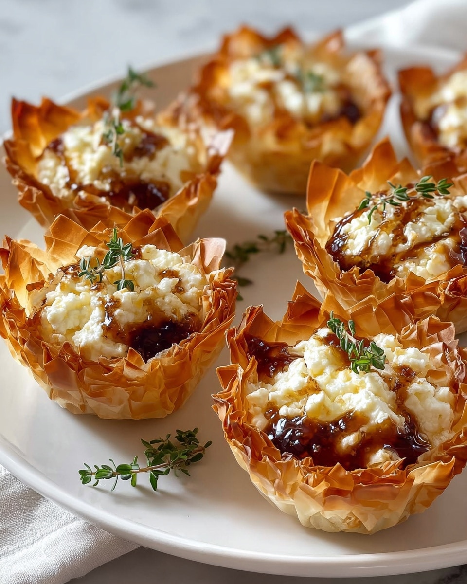 The image shows a white plate with seven mini tartlets made from thin, crispy golden-brown filo pastry shaped like cups with ruffled edges. Inside each cup, there is a creamy, white cheese layer topped with a glossy, dark brown honey or glaze drizzled over the cheese. Small green herb sprigs, likely thyme, are placed on top of the glaze for a fresh touch. The plate and tartlets sit on a white marbled surface with soft natural light highlighting the different textures and colors. photo taken with an iphone --ar 4:5 --v 7