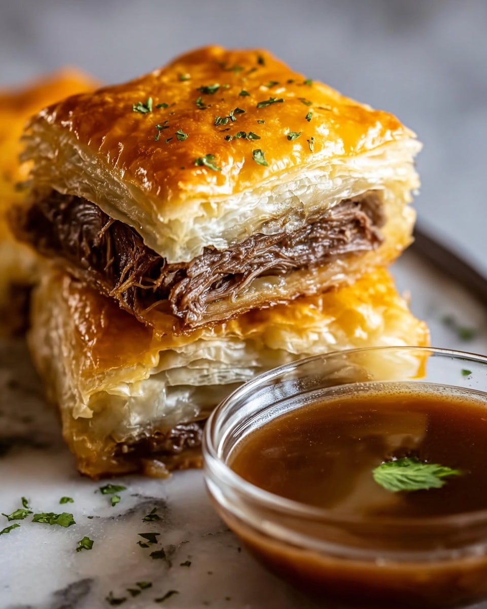 The image shows a close-up of two stacked square pieces of flaky pastry with a visible layer of tender shredded dark brown meat in the middle. The top and bottom layers are golden-brown, crisp, and have a slightly shiny surface with a sprinkling of green herbs on top. The texture of the pastry is light and flaky, with many fine layers visible on the edges. In front of the stack, there is a small clear glass bowl filled with rich brown sauce, slightly glossy, with a small green herb garnish floating on top. The setup is on a white marbled surface, creating a clean and simple background. photo taken with an iphone --ar 4:5 --v 7