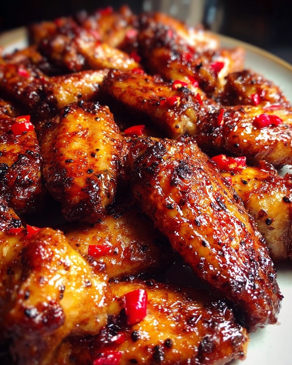 A close-up view of many grilled chicken wings piled together on a white plate, each wing showing a deep golden-brown color with a slightly charred texture and small black pepper-like specks, glistening with a sticky sauce, and scattered with tiny bright red chili pieces, all on a white marbled surface. photo taken with an iphone --ar 4:5 --v 7