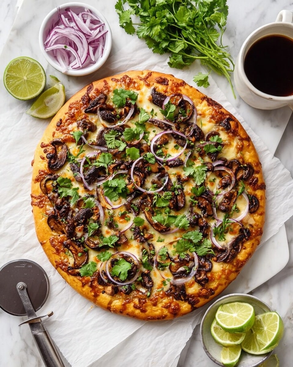 The image shows a round pizza on white parchment paper on a white marbled surface. The pizza has three main layers: a golden brown crust at the bottom, a melted cheese layer covering the base with slightly browned melted spots, and a top layer of dark, crispy cooked mushroom pieces scattered across with thin, curved onion slices and fresh green cilantro leaves sprinkled over it. Around the pizza, there are small bowls; one with thin red onion slices and another with lime wedges. A bunch of fresh cilantro and a lime wedge sit nearby. At the top right, there is a white cup filled with black coffee. A silver pizza cutter lies near the top left edge of the parchment paper. photo taken with an iphone --ar 4:5 --v 7