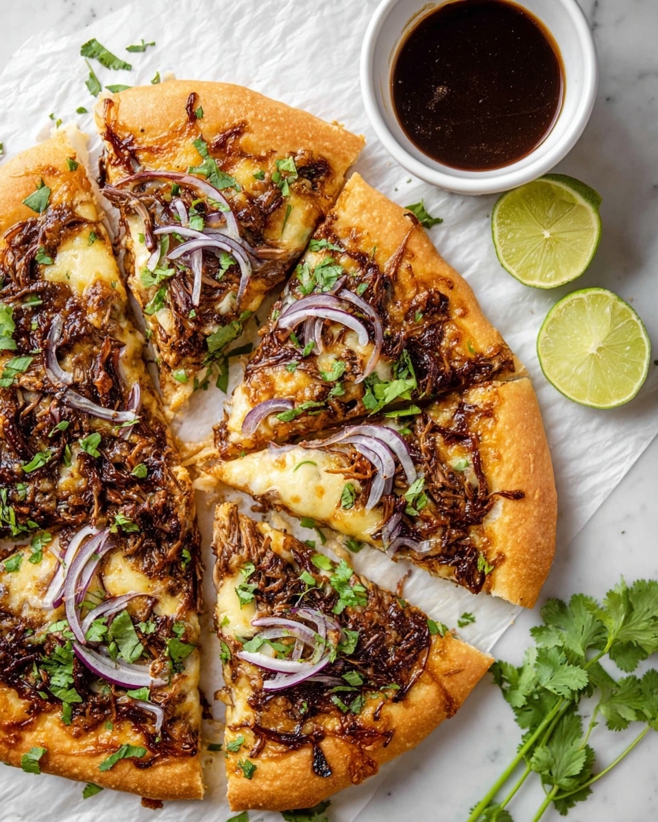 The image shows a pizza cut into six slices on white parchment paper over a white marbled surface. The pizza crust is golden brown and thick. The first layer consists of melted cheese with a slightly browned texture. The second layer has shredded dark brown pieces that look like cooked mushrooms or pulled meat, spread evenly. On top, thin slices of light purple onion are scattered along with fresh green cilantro leaves. A cut lime wedge sits near the top edge, and fresh green cilantro sprigs are in the lower right corner. To the right of the pizza is a white ramekin filled with a dark brown sauce. photo taken with an iphone --ar 4:5 --v 7