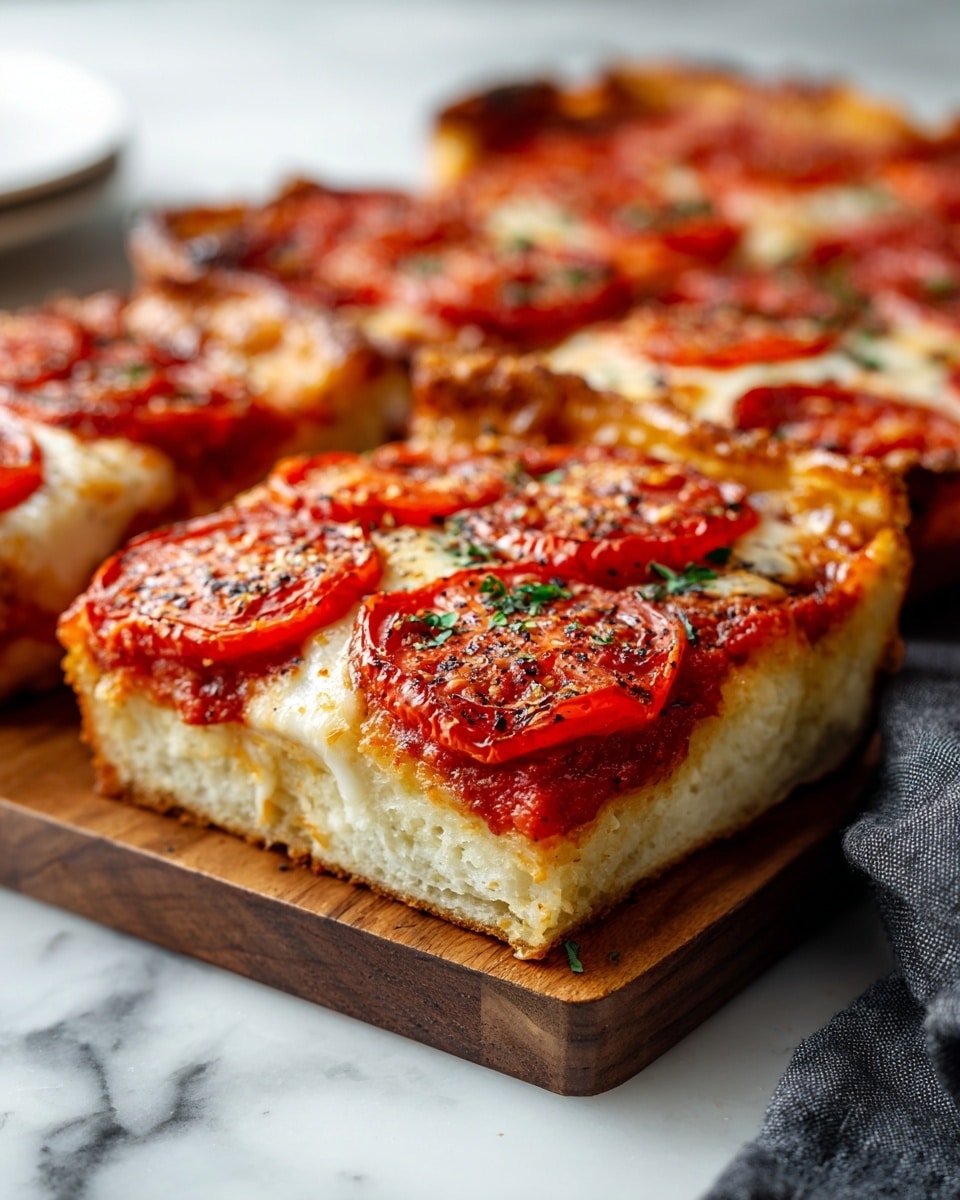 A thick square slice of deep-dish pizza is shown with a golden-brown crust layer at the base that looks soft and spongy. On top of the crust, there is a bright red tomato sauce layer that reaches the edges, followed by a creamy melted white cheese layer that is slightly browned and bubbly, covering the sauce. The topmost layer has round red tomato slices that appear juicy and seasoned with black pepper. The pizza slice is on a wooden board with more similar pizza pieces blurred in the background on a white marbled surface, and a dark grey cloth is partly visible nearby. Photo taken with an iphone --ar 4:5 --v 7
