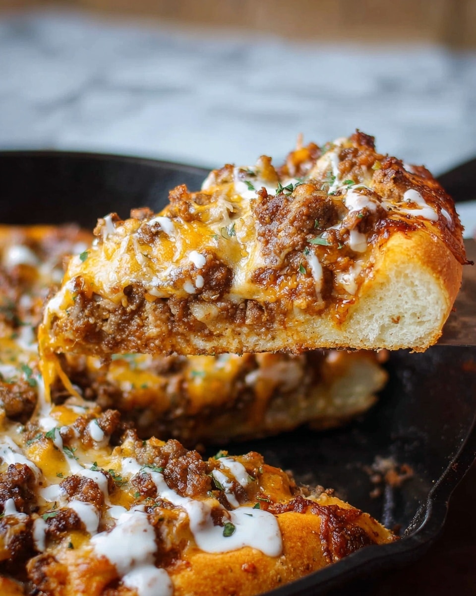 A thick skillet pizza with eight slices sits in a black pan on a wooden board. The crust is golden and chewy, topped with a rich layer of browned ground beef mixed with caramelized onions, covered in melted cheese that is creamy white and golden brown from baking, sprinkled with small bits of green herbs. The pizza has a slightly crispy texture around the edges and looks juicy with melted cheese stretching between slices. A metal spatula with a wooden handle lifts one slice, showing the thick base under the topping. Small bowls of green herbs and white sauce are nearby on the wooden board, along with a separate black plate holding a piece of golden, fluffy bread. The background has a white marbled texture. Photo taken with an iphone --ar 4:5 --v 7