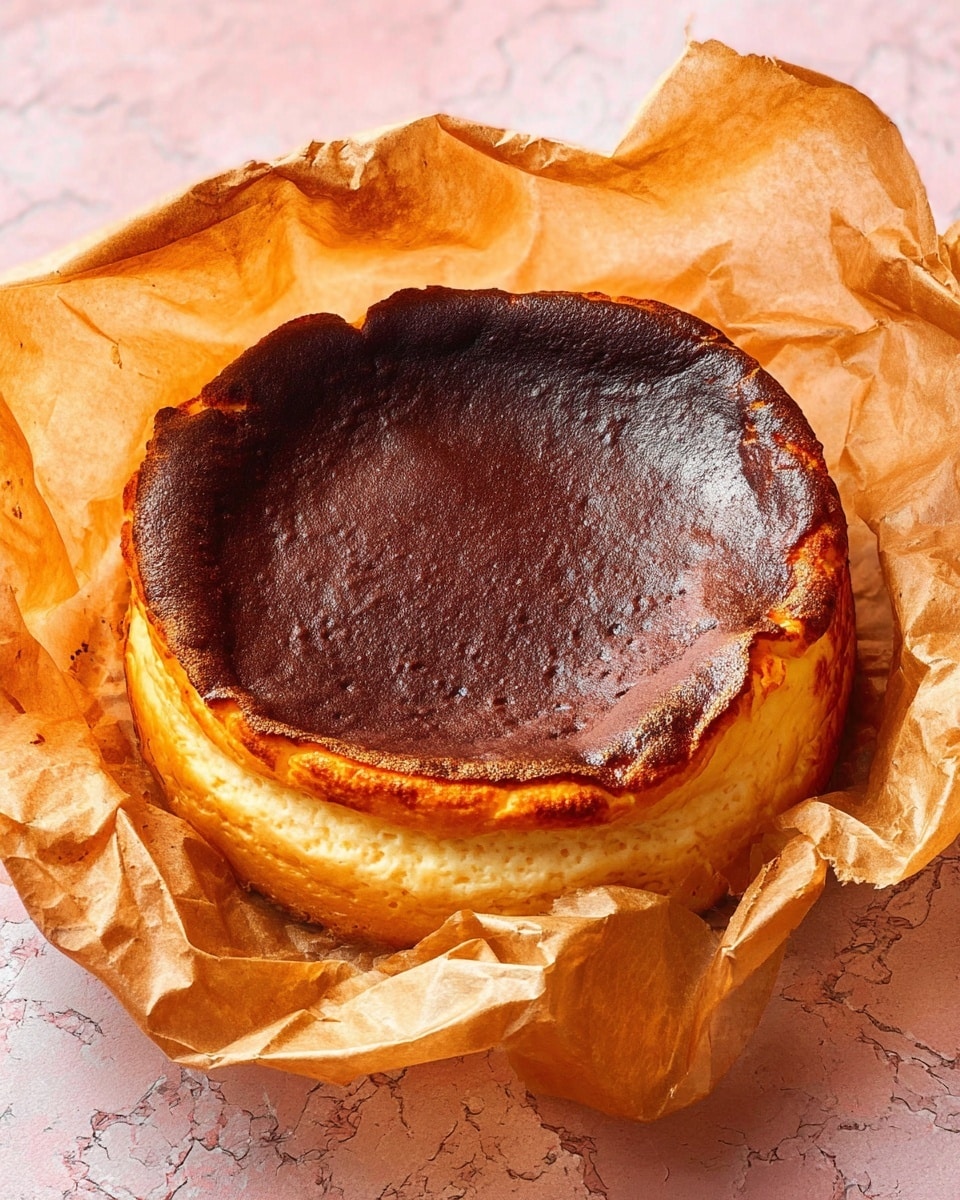 A round Basque cheesecake with a rich, dark brown top layer that is slightly uneven and burnt around the edges, resting on a crumpled piece of parchment paper. The cheesecake has a creamy, pale yellow middle layer visible along the sides, which slightly curls over the parchment paper. The parchment paper is golden brown in some spots from baking and is sitting on a pink surface, now described as a white marbled texture. The photo taken with an iphone --ar 4:5 --v 7