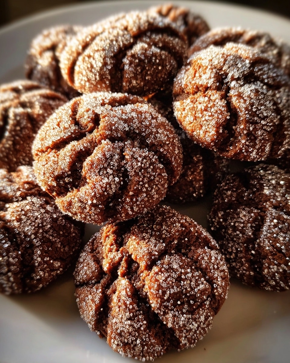 A close-up view of a plate filled with dark brown, sugar-coated cookies that have deep grooves creating a ridged, round shape. Each cookie is thick with a textured surface covered in coarse sugar crystals that sparkle in the light. The cookies are stacked closely together on a white plate, set against a white marbled texture background. The image shows rich contrast between the sugar's shine and the deep shadows within the grooves, highlighting the cookies' detailed shapes and sugar coating. photo taken with an iphone --ar 4:5 --v 7
