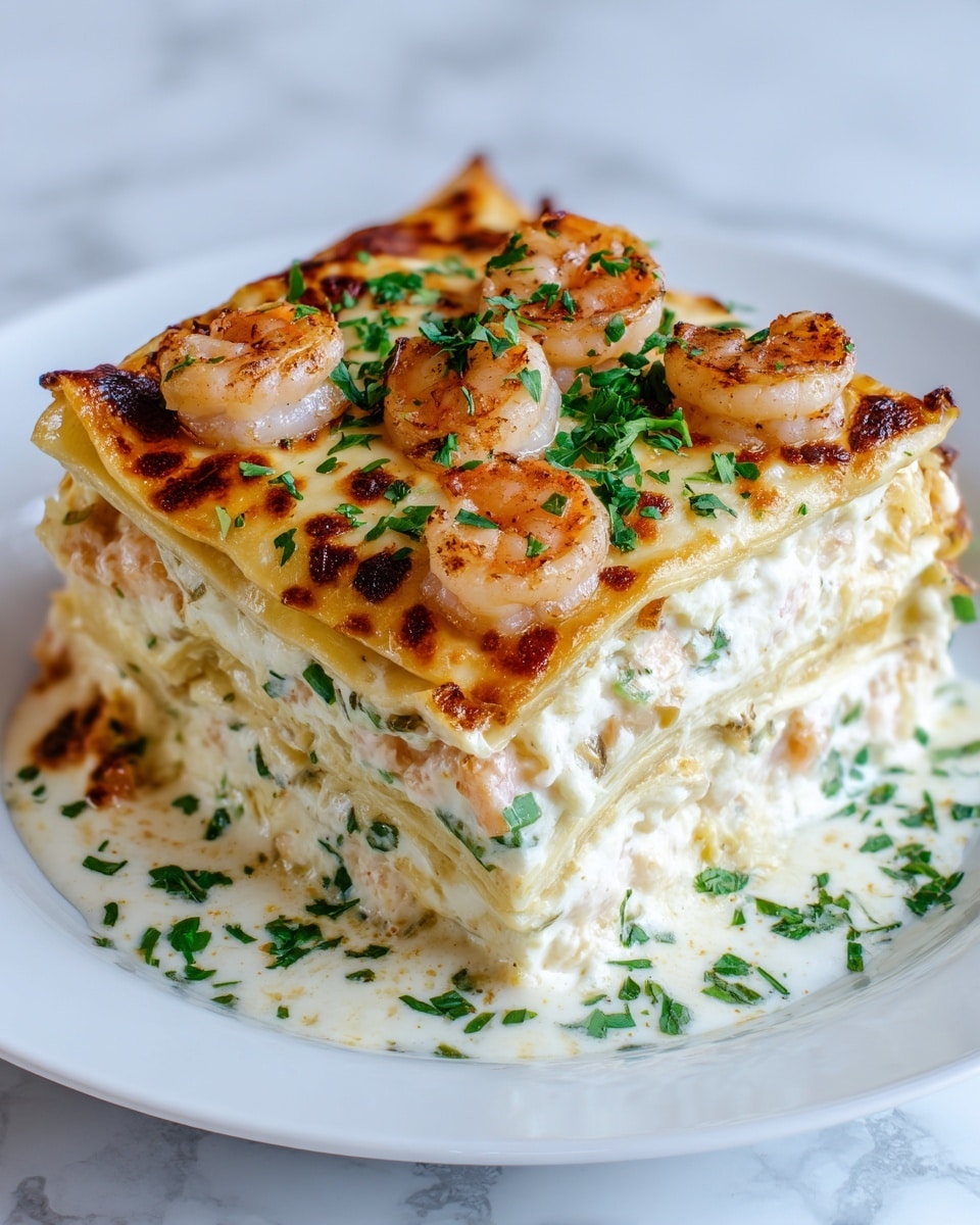 A thick square piece of shrimp lasagna is on a white plate, with five visible layers including creamy white cheese with small green herbs mixed in, light golden pasta sheets, and pink shrimp pieces inside. The top layer is golden brown melted cheese with browned spots and whole shrimp on it, sprinkled with chopped green herbs. Some cheese and herbs spill over the edge onto the plate. The background is a white marbled texture. Photo taken with an iphone --ar 4:5 --v 7