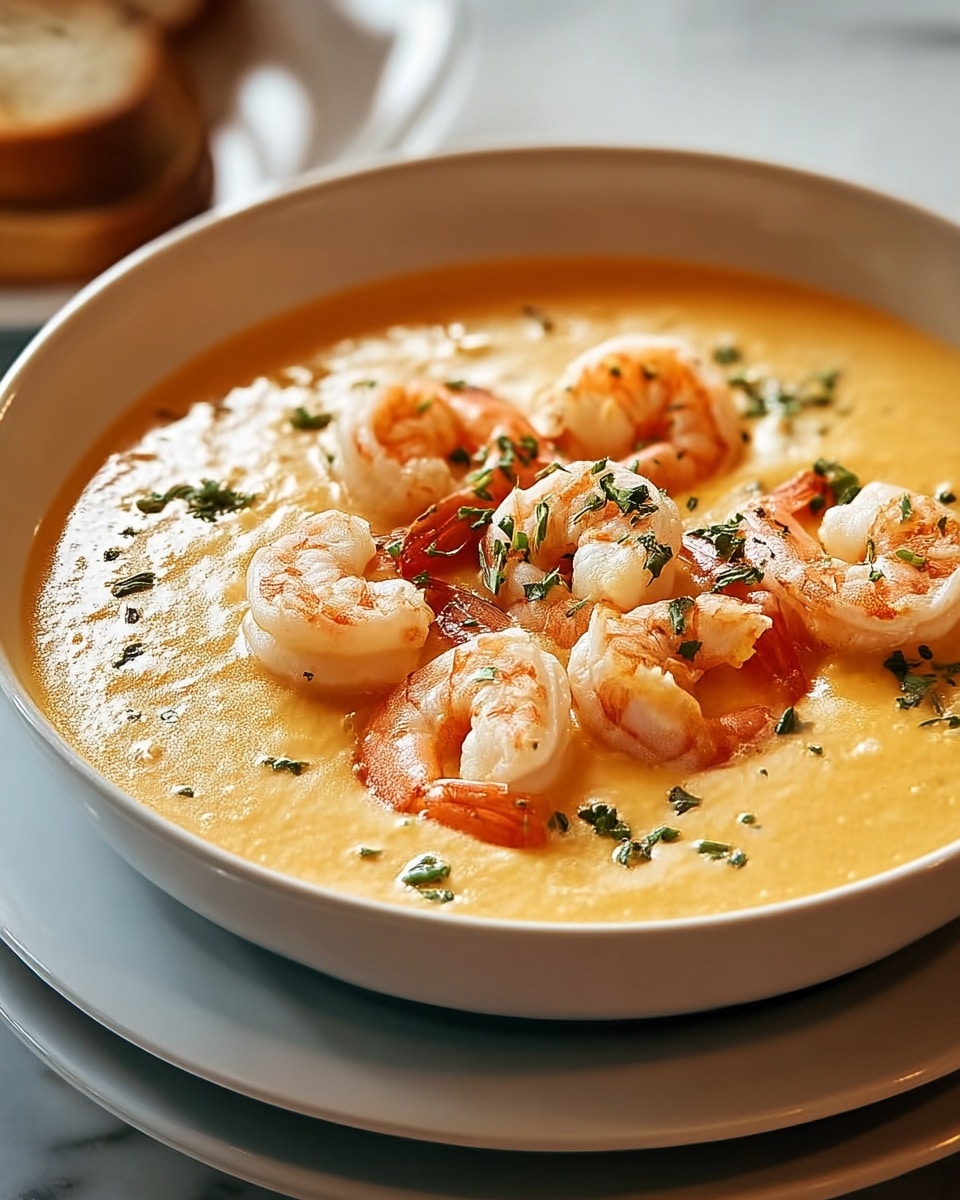 A white bowl filled with creamy yellow chowder soup, topped with several plump shrimp that have a light pink and orange color with a slightly charred texture. The shrimp are scattered across the top layer, sprinkled with small green herb flakes. The broth looks rich and smooth, with a glossy finish that reflects light. The background is a white marbled texture photo taken with an iphone --ar 4:5 --v 7