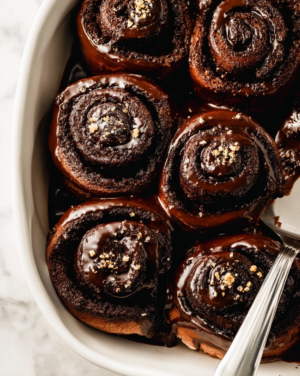 The image shows a close-up of eight chocolate cinnamon rolls arranged tightly in a white dish, each roll made of dark brown dough spiraled with a darker chocolate filling. The top of each roll is covered with a shiny, smooth layer of thick dark chocolate glaze that reflects light. Two of the rolls have a light sprinkle of golden crumbs on the glaze. The rolls have a soft, slightly shiny texture, with some edges looking fluffy and moist. A silver metal serving spatula is tilted beside the rolls on the right side of the dish. The background is a white marbled texture. photo taken with an iphone --ar 4:5 --v 7