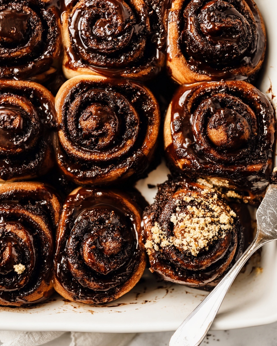 A close-up of nine chocolate cinnamon rolls arranged in a white dish, each roll showing thick, dark brown swirls of chocolate filling tightly wound within soft, brown dough. Most rolls have a shiny layer of dark chocolate glaze dripping slightly on the sides, while one roll near the bottom center is sprinkled with a light dusting of crumbly golden topping. A silver spatula placed under the right side of the rolls suggests one roll has been partially lifted. The background is a white marbled texture. Photo taken with an iphone --ar 4:5 --v 7