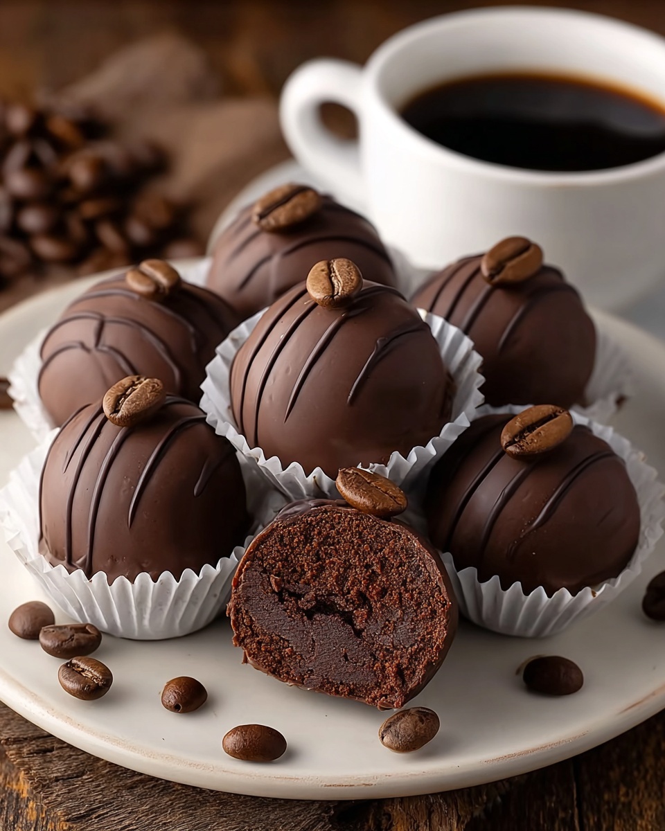 A white plate holds seven round, dark brown chocolate truffles with smooth, glossy surfaces and thin drizzle lines on top. Each truffle is topped with a single shiny coffee bean. One truffle is cut in half, showing a soft, dense chocolate filling inside with a slightly crumbled texture. The truffles rest on white paper cups, sitting on a rustic wooden surface, with scattered coffee beans around. A white cup filled with dark coffee is blurred in the background against a brown backdrop. photo taken with an iphone --ar 4:5 --v 7