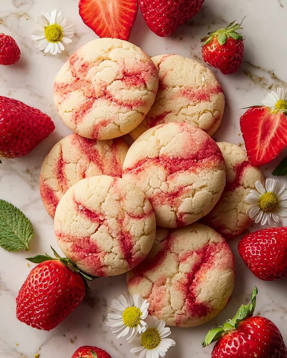 The image shows a group of soft, round cookies with a pale cream base and red swirled patterns across their tops, looking slightly cracked and textured. The cookies are arranged closely together on a white marbled surface, surrounded by bright red whole strawberries and halved strawberries with visible seeds and green leaves. Small white daisy-like flowers with yellow centers are scattered around, adding a fresh, delicate touch to the scene. photo taken with an iphone --ar 4:5 --v 7