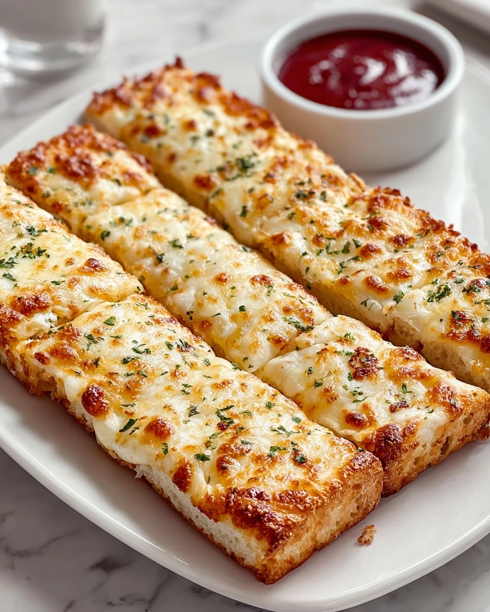 Four long, rectangular breadsticks with a thick, fluffy white base topped with a golden-brown layer of melted cheese, slightly bubbly and crisp on top, sprinkled lightly with green herbs. The breadsticks are neatly placed side by side on a white plate with rounded edges, which sits on a white marbled surface. In the background, there is a small white bowl filled with a smooth, deep red sauce. photo taken with an iphone --ar 4:5 --v 7