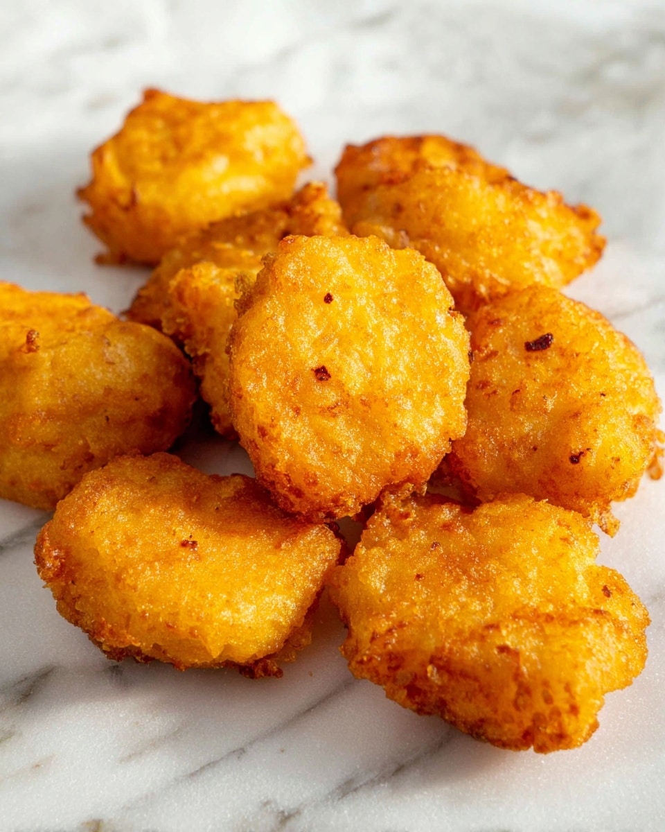 The image shows several golden brown nuggets closely placed together on a white marbled surface. Each nugget is irregular round and has a crispy, crunchy texture with small darker fried spots scattered on their surfaces. The color is a warm yellow-orange indicating they are freshly fried. The light shines softly on the crispy edges, showing their rough and crunchy batter coating. Photo taken with an iphone --ar 4:5 --v 7