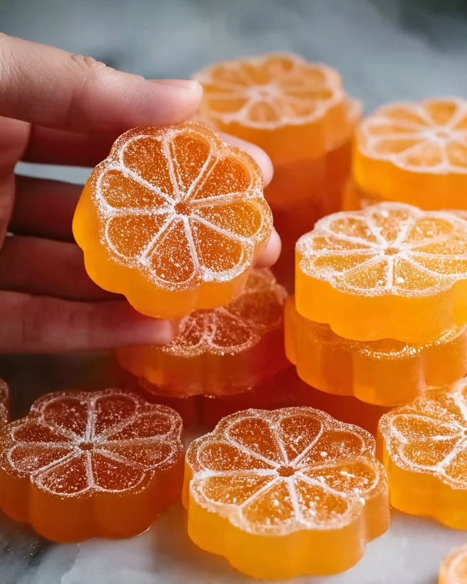 The image shows many orange jelly candies shaped like sliced citrus fruits, stacked in layers. Each candy has a translucent orange color with a detailed fruit pattern on top, dusted lightly with powdered sugar. A woman's hand is holding a small stack of four candies, positioned near the lower left. The candies are placed on a white marbled surface, with soft light highlighting their glossy texture and vibrant orange color. photo taken with an iphone --ar 4:5 --v 7