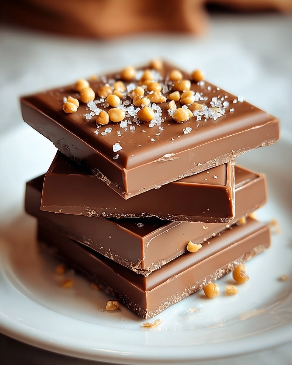 A stack of four smooth milk chocolate squares is placed on a white plate. The top square is covered with small golden nuts and a few grains of coarse sea salt, giving it a crunchy and shiny texture. The chocolate has a glossy finish with visible edges and slight crumbs on the sides. The stack is slightly tilted, showing the thickness and clean layers of each piece. The background has a soft, blurred look with warm tones and a white marbled texture under the plate. Photo taken with an iphone --ar 4:5 --v 7