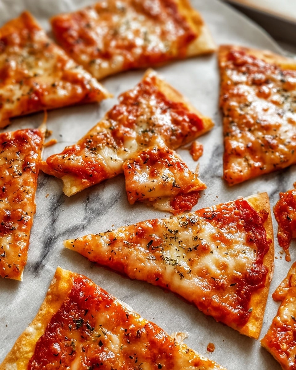 The image shows several small triangular pizza slices spread out on a white marbled surface covered with parchment paper. Each slice has two main layers: a bright red tomato sauce base topped with melted, golden cheese that has browned slightly in spots. The cheese has a smooth, shiny texture with small melted bubbles, and is sprinkled lightly with black pepper and herbs. The crust is thin and crisp, engraved around the edges with a light golden color. The pizza slices are close together, creating a warm and inviting scene. Photo taken with an iphone --ar 4:5 --v 7