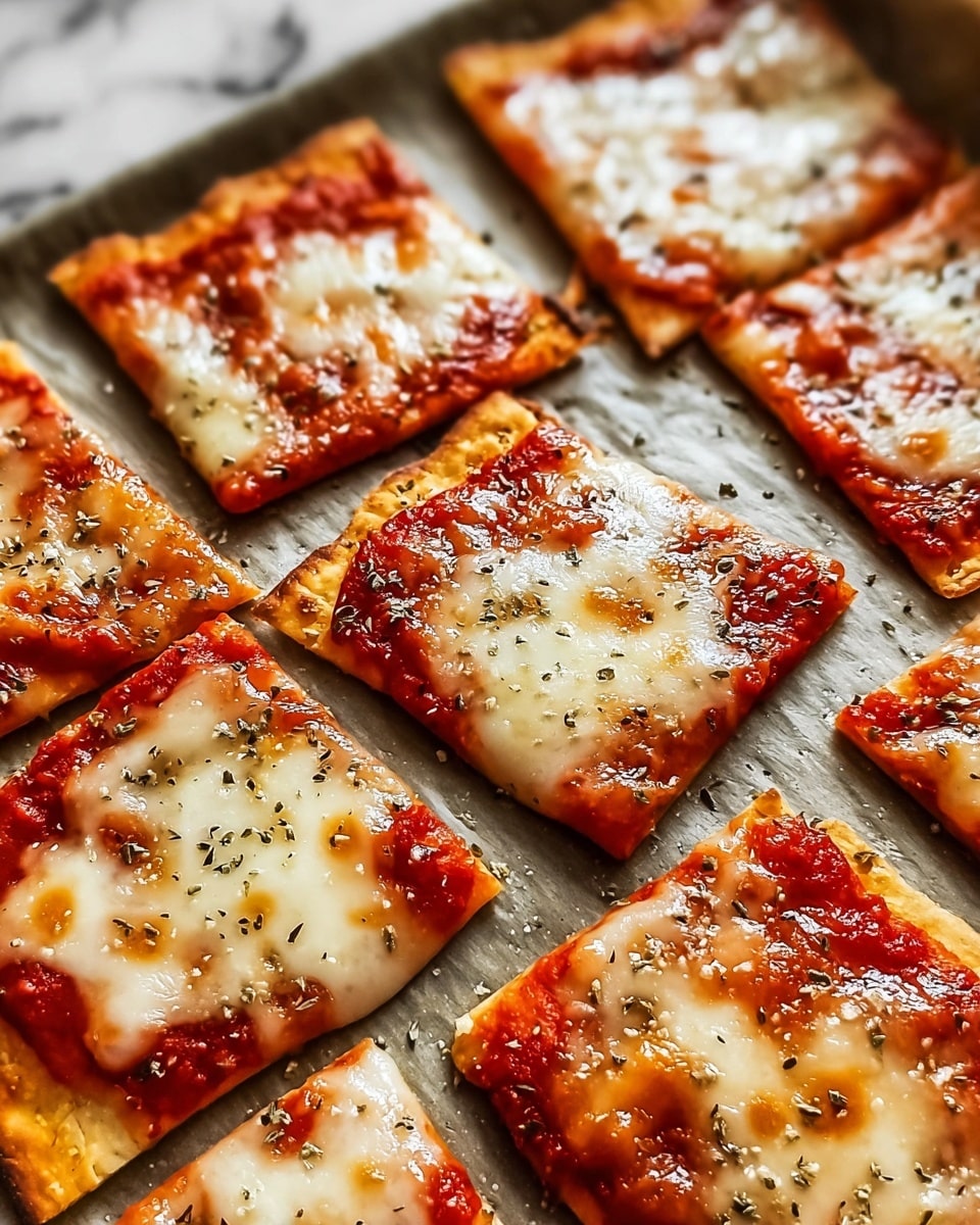 The image shows several small square pizza slices placed closely together on a baking tray lined with parchment paper. Each slice has a thin golden-brown crust topped with an even layer of bright red tomato sauce, covered by melted mozzarella cheese that is creamy white with golden bubbly spots. Small dried herbs are sprinkled evenly over the cheese, adding texture and contrast. The surface around the pizza slices is slightly glossy, showing the fresh melted cheese. The background is a white marbled texture. photo taken with an iphone --ar 4:5 --v 7