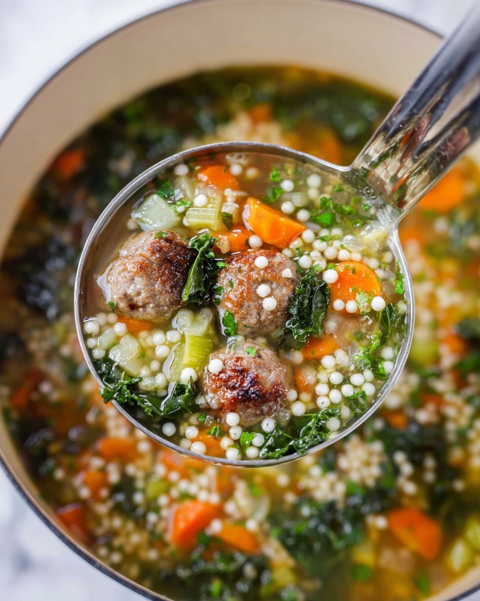 A close-up of a ladle full of soup lifted above a white pot, showing three small browned meatballs mixed with round white pearl couscous, bright orange carrot slices, dark green kale leaves, and light green celery pieces in a clear broth. Finely chopped onions and parsley pieces add texture and color throughout the soup. The ladle is silver and held above the pot filled with the same colorful soup. The setting is against a white marbled surface. photo taken with an iphone --ar 4:5 --v 7