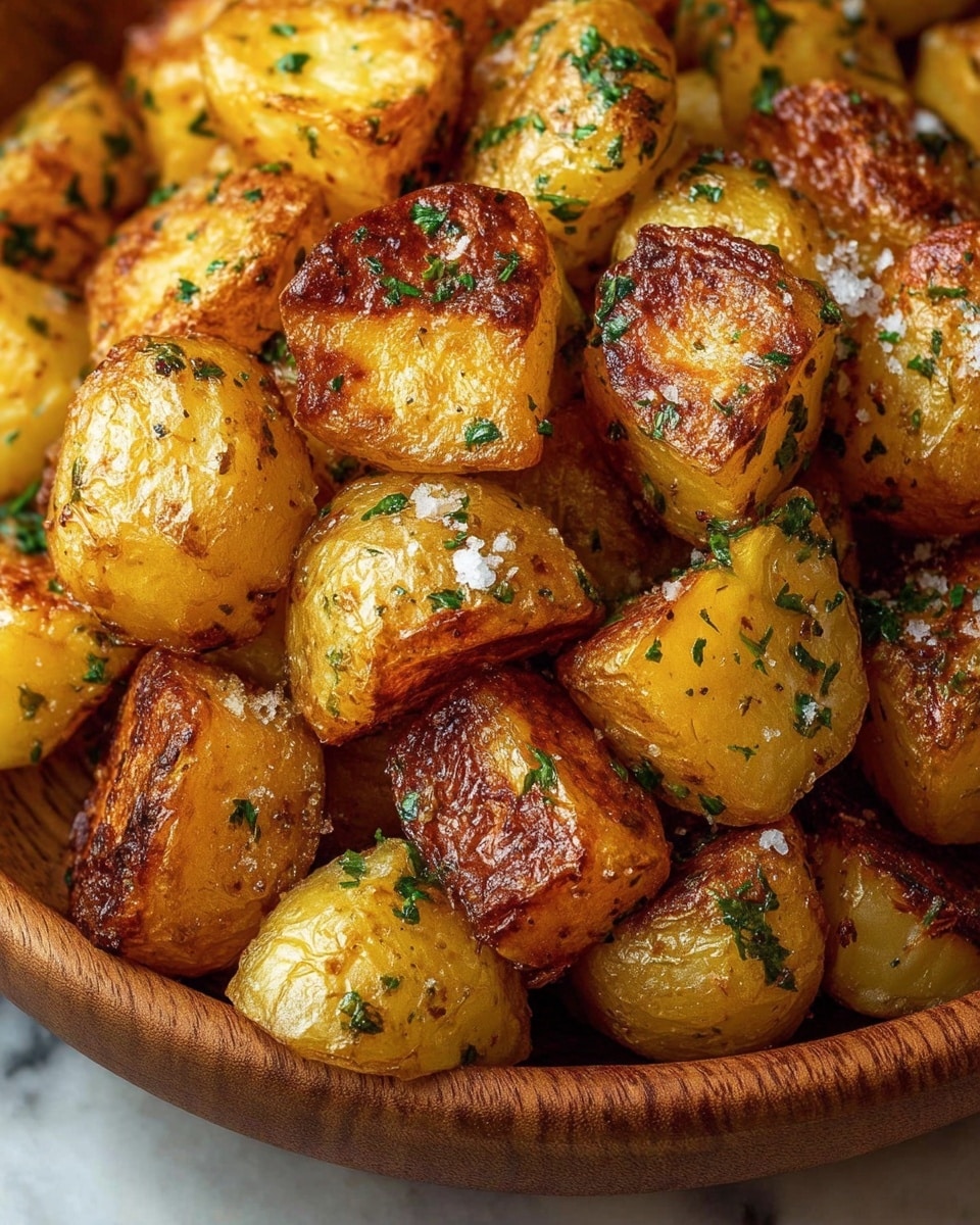 The image shows a close-up of many golden-brown roasted potato chunks piled together. Each potato piece has a crispy, textured outer layer with hints of darker browns from roasting. Small green herb bits, likely parsley, are scattered evenly across the potatoes, adding a fresh contrast. Coarse salt crystals are visible on some potato pieces, enhancing the texture. The potatoes are resting in a wooden bowl, which contrasts with the white marbled background barely seen beyond it. photo taken with an iphone --ar 4:5 --v 7