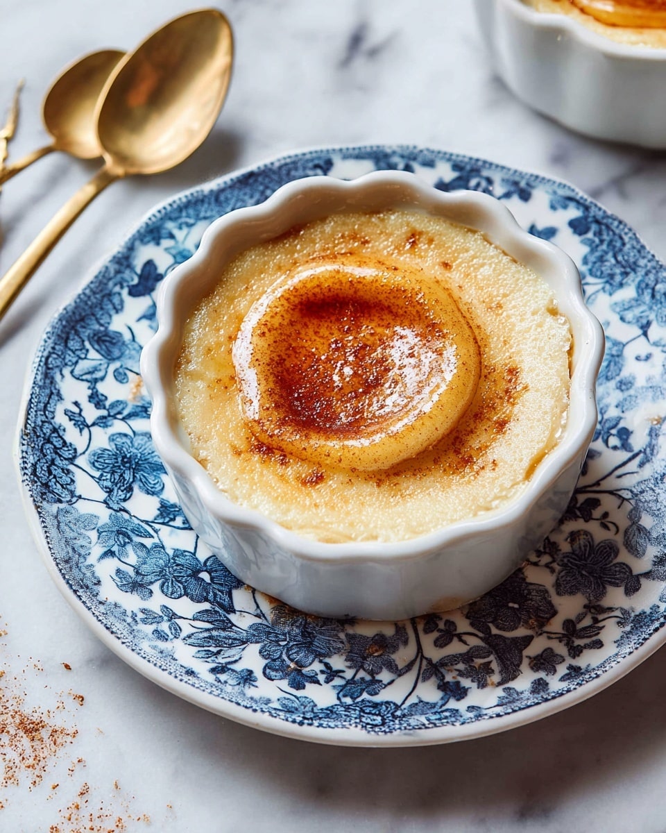 A creamy light beige dish sits inside a white scalloped ramekin, topped with a swirl of golden syrup and a sprinkle of fine brownish-red powder, creating a slight indentation in the center. The ramekin is placed on a white plate with intricate dark blue floral patterns. Nearby are small golden spoons, and the whole scene rests on a white marbled surface. Photo taken with an iphone --ar 4:5 --v 7