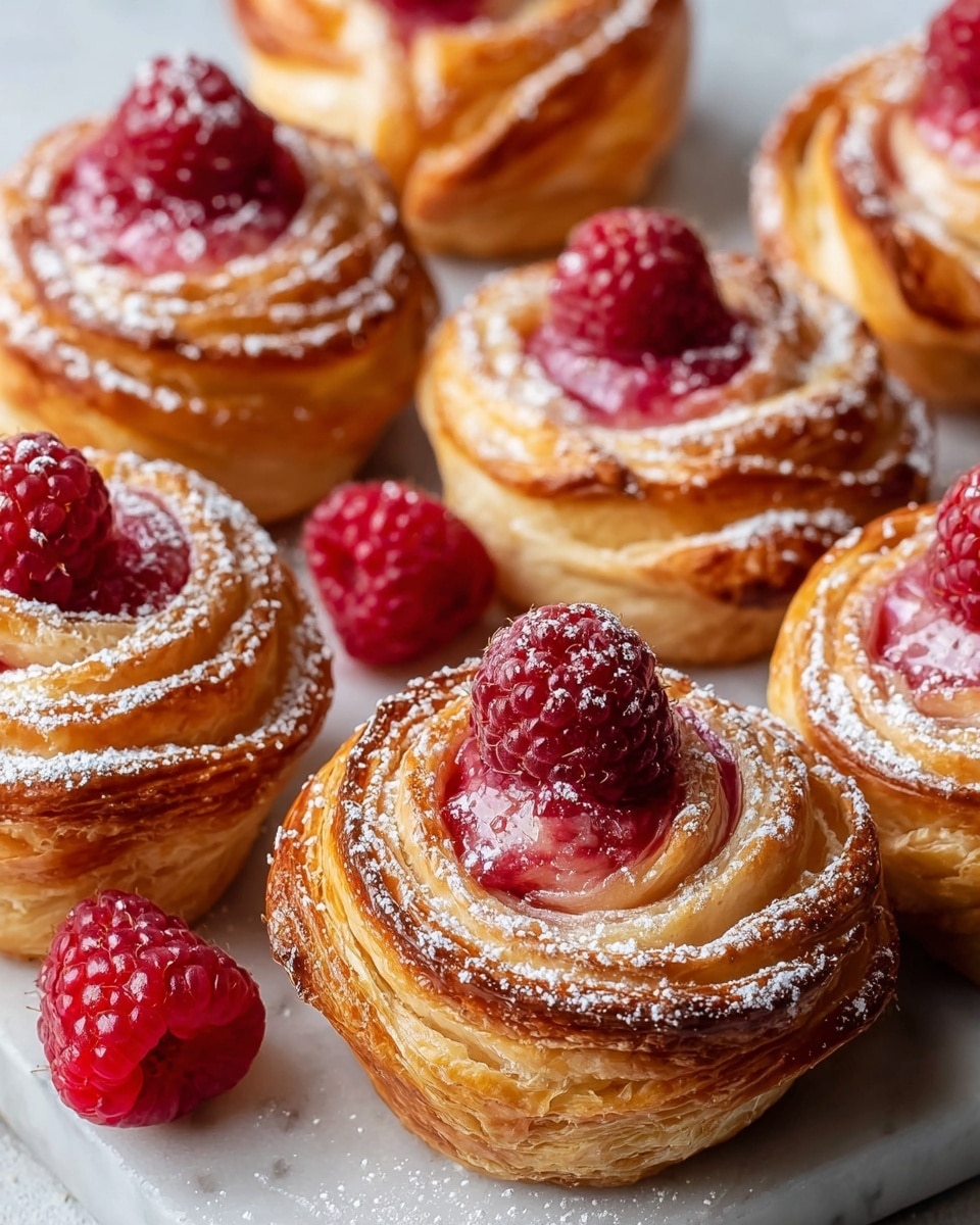 The image shows a group of raspberry puff pastries arranged closely on a white marble surface. Each pastry has several golden-brown, flaky layers spiraled upward, creating a rose-like shape with a glossy pink raspberry jam filling visible in the folds. On top of each pastry, there is a fresh red raspberry, adding a pop of color and texture. A light dusting of powdered sugar is scattered across the pastries, enhancing the delicate look. A few raspberries are also placed casually around the pastries on the white marble surface. photo taken with an iphone --ar 4:5 --v 7