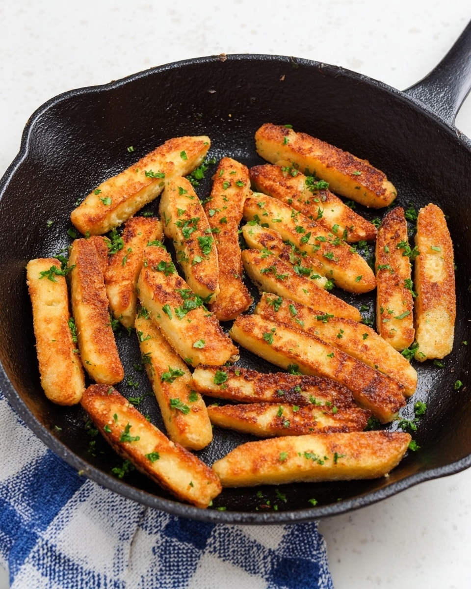The image shows a black cast iron pan filled with about twenty golden-brown, elongated fried sticks that look slightly crispy on the outside and soft inside. They are evenly browned with some parts lighter and others darker, sprinkled with finely chopped fresh green herbs scattered across the top. The pan rests on a white marbled surface with a blue and white checkered cloth partly visible in the background. photo taken with an iphone --ar 4:5 --v 7