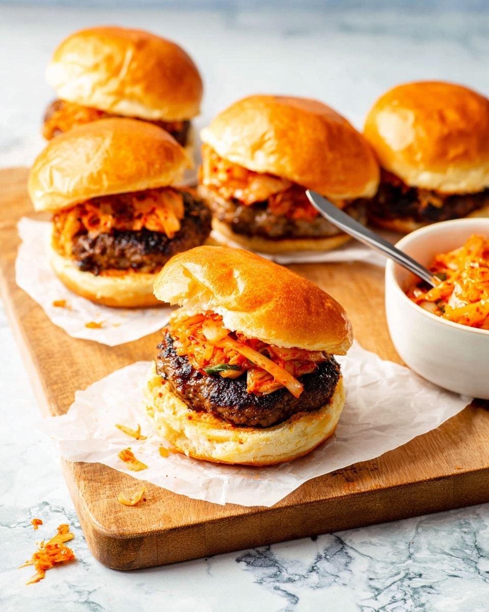 The image shows four small burgers on white parchment paper over a wooden cutting board set on a white marbled surface. Each burger has a shiny golden brown top bun, a thick grilled beef patty with a dark charred texture, and a bright orange-red topping that looks like sauced shredded kimchi or pickled vegetables. The front most burger has its top bun slightly tilted back, showing the vibrant topping in detail. Around the board and paper are small scattered bits of the orange topping. To the right side, there is a white bowl filled with the same orange sauced mixture and a spoon inside it. The scene is brightly lit, showing the textures and colors clearly. photo taken with an iphone --ar 4:5 --v 7