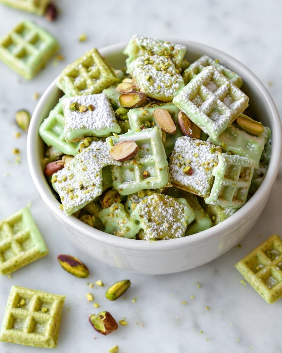 A white bowl filled with square green waffle pieces, some coated in a smooth light green glaze with small chopped pistachios on top, and others dusted with white powdered sugar; the waffle pieces have a grid texture and are stacked in layers with scattered whole and half pistachios visible; a few waffle pieces lie outside the bowl on a white marbled surface. Photo taken with an iphone --ar 4:5 --v 7