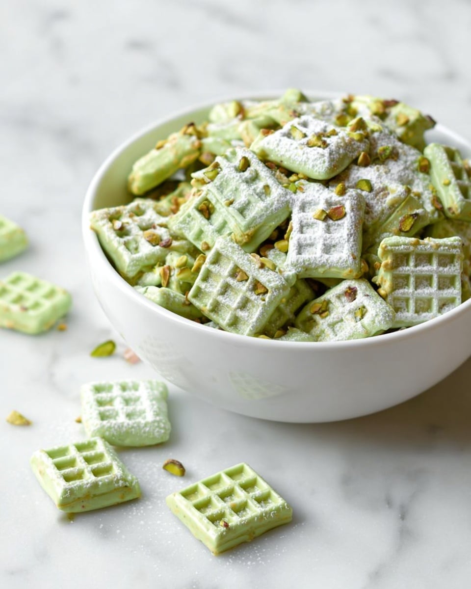 A white bowl filled with small square waffle-like snacks in a pale green color. Some pieces are coated on one side with a smooth, shiny light green layer and sprinkled with small chopped pistachio nuts. Other pieces are dusted lightly with white powdered sugar, revealing the waffle texture. Around the bowl on a white marbled surface, a few of these green squares are scattered, showing their crunchy edges and waffle patterns. The scene is bright and clear with natural light highlighting the textures and contrasts. photo taken with an iphone --ar 4:5 --v 7