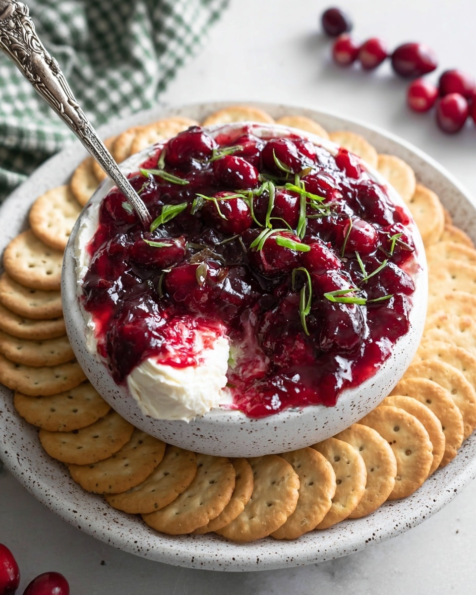 A layered dish in a white speckled bowl sits on a white speckled plate with evenly arranged golden round crackers around its edge. The bottom layer in the bowl is a smooth, creamy white cheese spread, partially scooped out, showing a soft texture. The top layer consists of a thick, glossy, deep red cranberry sauce with whole cranberries and small green chive pieces scattered over it, adding a fresh contrast. A silver spoon with an ornate handle is placed in the bowl, partially buried in the cranberry sauce. The setting is on a white marbled texture surface with some cranberries and a green checkered cloth in the background. photo taken with an iphone --ar 4:5 --v 7