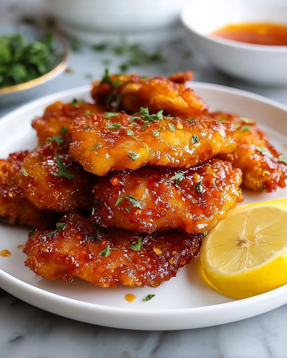 A white plate holds several pieces of golden brown fried chicken that look crispy and glazed with a shiny reddish-orange sauce. The chicken pieces are arranged closely in layers, some overlapping, and sprinkled with small green parsley leaves for color contrast. To the right of the chicken, there is a bright yellow lemon half resting on the plate. The plate is on a white marbled surface, and a white bowl with a red dipping sauce is blurred in the background. photo taken with an iphone --ar 4:5 --v 7