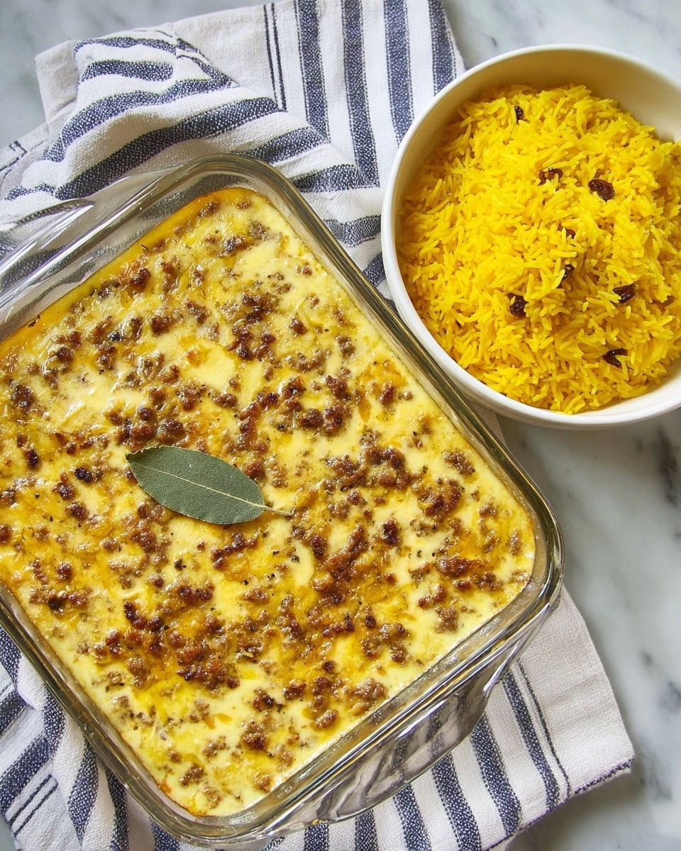 A square glass baking dish filled with a creamy yellow baked dish topped with evenly browned bits of meat and a single green bay leaf in the center. Next to the baking dish, there is a white bowl filled with bright yellow rice with some raisins mixed in. Both dishes rest on a white cloth with dark blue stripes, placed on a white marbled surface. Photo taken with an iphone --ar 4:5 --v 7