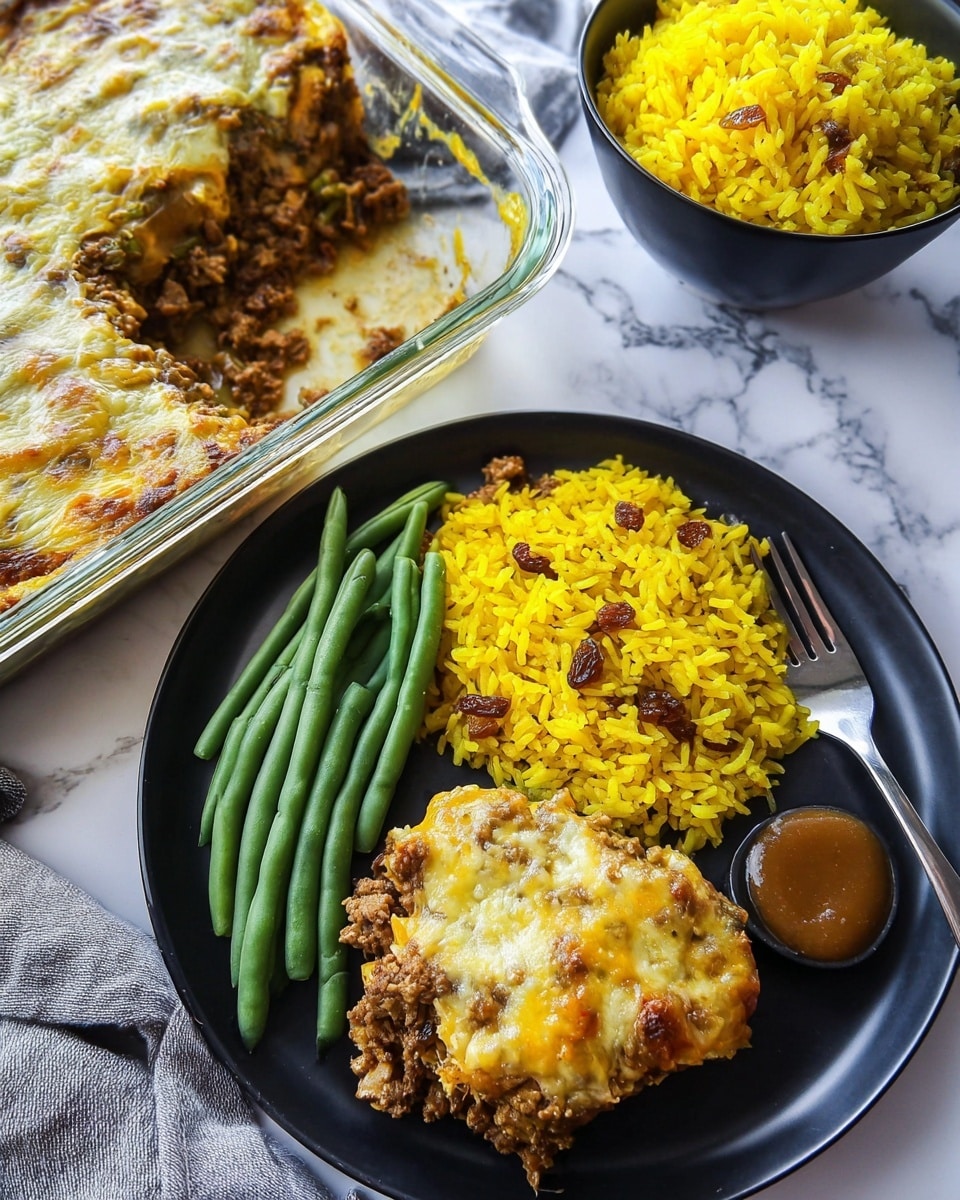 The image shows a meal served on a black plate with three parts: a large piece of baked casserole with layers of golden, browned melted cheese on top mixed with ground meat, a bright yellow rice mixed with small brown raisins to the right, and a neat row of fresh green beans on the left. Next to the rice is a small round brown sauce dollop. Behind the plate, there is a glass baking dish with the same casserole, showing a creamy, greasy top and browned bits around the edges, with a portion missing. To the right of the baking dish, a black bowl filled with bright yellow rice and some raisins sits with a silver spoon inside. Everything is placed on a white marbled surface, and the scene is bright with natural light. Photo taken with an iphone --ar 4:5 --v 7
