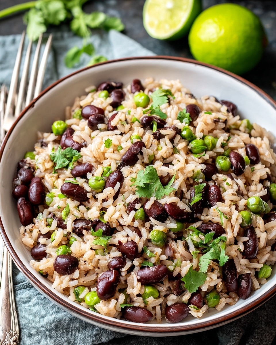 A close-up view of a bowl filled with cooked rice mixed with black beans and green peas, garnished with fresh green cilantro leaves scattered on top. The rice grains are light brown and soft, mixed evenly with shiny dark red beans and small green peas. The bowl is white with a thin brown rim, resting on a gray cloth next to a silver fork. In the background, there are two halved green limes on a white marbled surface. The overall scene shows a fresh and healthy rice and beans dish. photo taken with an iphone --ar 4:5 --v 7