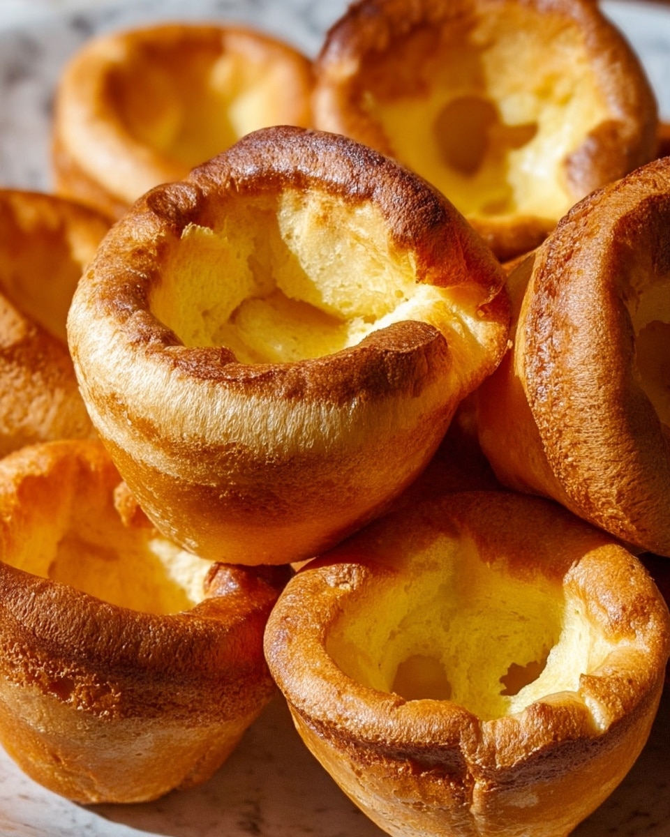 The image shows a close-up of a pile of golden brown Yorkshire puddings with their hollow centers clearly visible. Each pudding has a puffy, slightly crisp outer edge with a smooth, soft inner part that is lighter in color. The puddings are stacked closely together on a white marbled surface, highlighting their texture and light shadows between them. The overall look is warm and inviting, with a focus on the puffed shapes and hollow centers. photo taken with an iphone --ar 4:5 --v 7