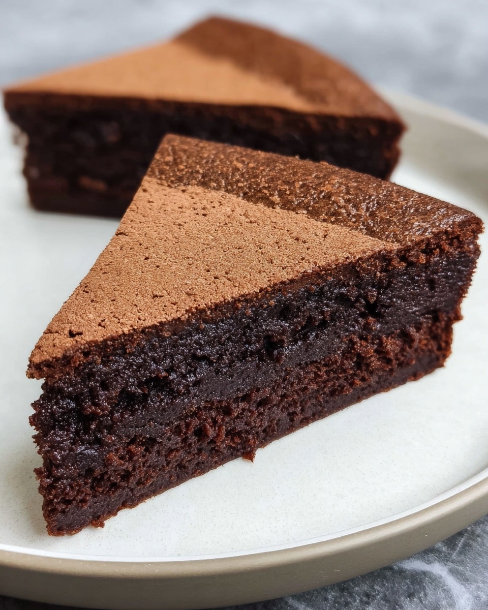 Two triangular pieces of rich chocolate cake are placed side by side on a white plate with a smooth, light grey rim. The cake has two distinct layers: a dense, dark chocolate base with a moist, slightly gooey texture, and a thinner top layer that is a lighter brown with a crumbly and slightly cracked surface. The white marbled texture is faintly visible beneath the plate. Photo taken with an iphone --ar 4:5 --v 7