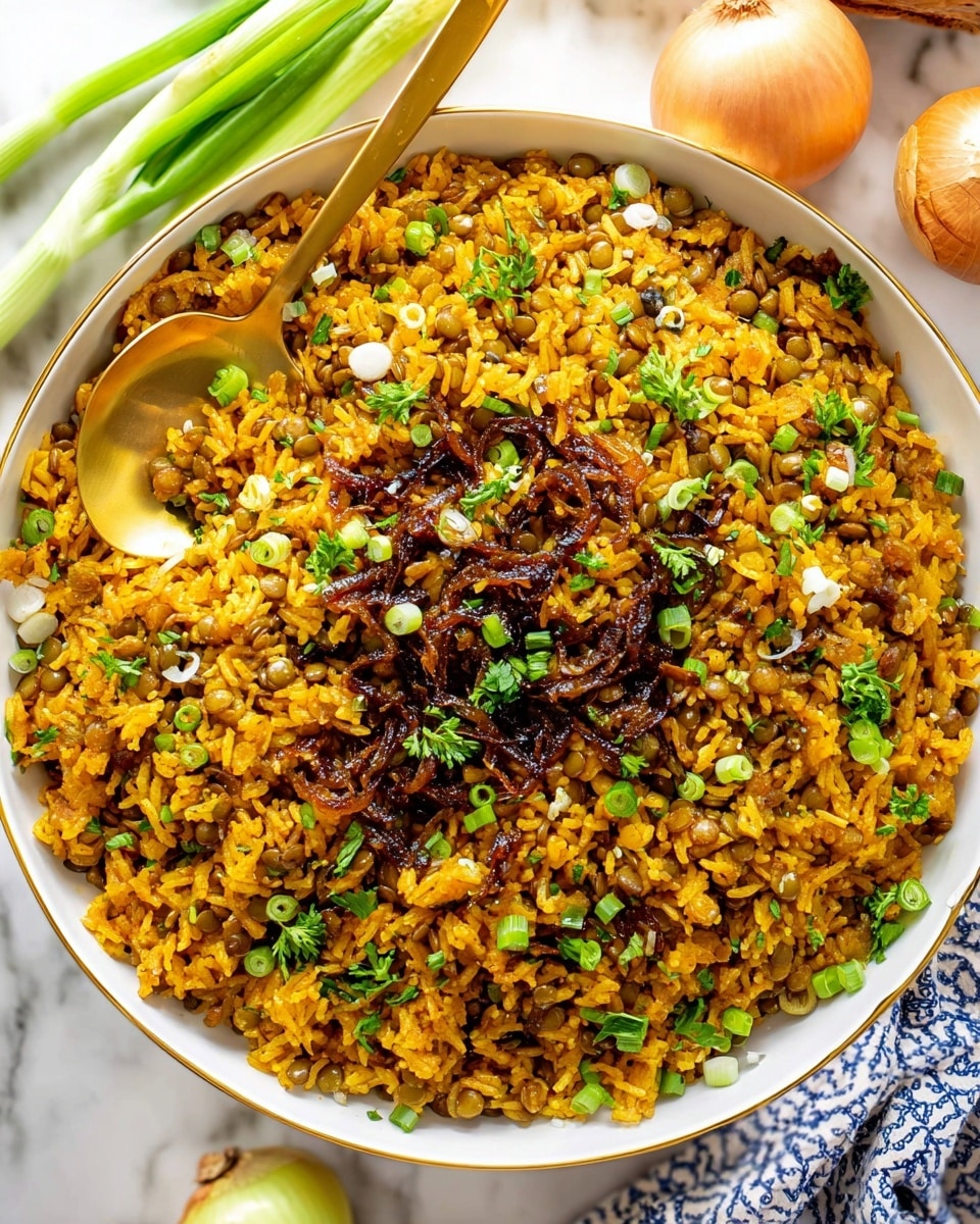 A large white bowl filled with a mixed dish of yellow-orange colored rice and green lentils, giving a textured and grainy appearance. At the center, a layer of dark caramelized onions adds glossy deep brown tones, with scattered chopped green onions and fresh green herbs sprinkled on top for contrast. The bowl is placed on a white marbled surface, next to whole onions and fresh green onions, with a gold spoon partially buried in the dish. The overall look is warm, colorful, and fresh. photo taken with an iphone --ar 4:5 --v 7