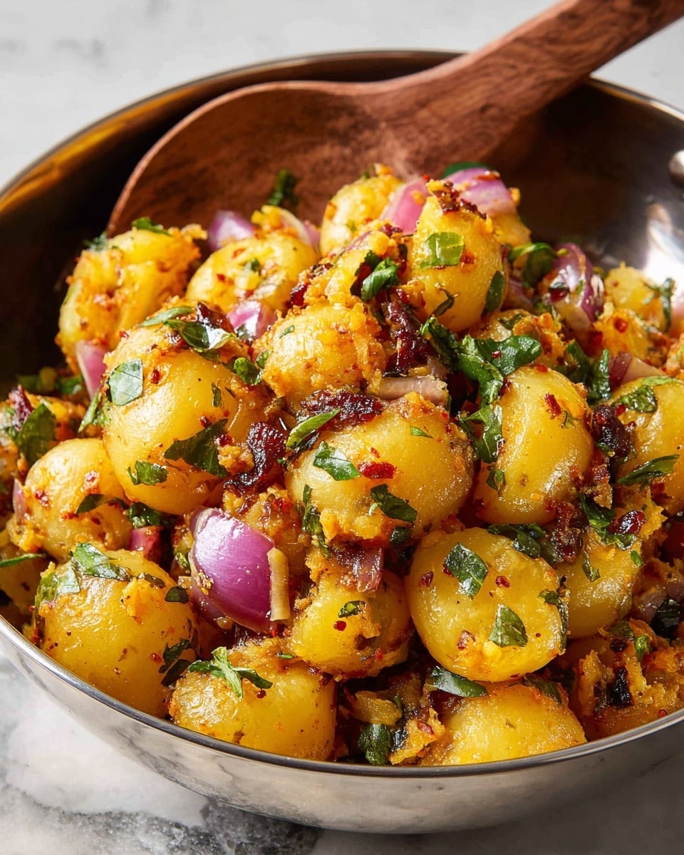 A shiny metal bowl filled with a vibrant dish consisting of roughly 3 layers of mixed cooked potatoes and chickpeas coated in golden-yellow turmeric and spices, scattered with small dark brown mustard seeds, diced red onions, and bits of red tomato. The surface is sprinkled generously with fresh green herbs, adding brightness and texture. The bowl sits on a white marbled textured surface, partly on a blue and white patterned cloth, next to a wooden spoon with some green herbs on it. photo taken with an iphone --ar 4:5 --v 7