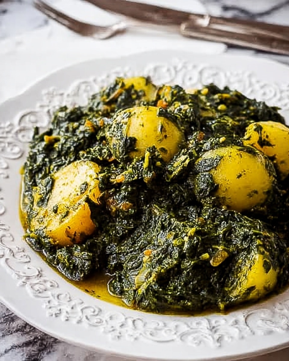 A white ornate plate with raised patterns holds three yellowish-green pieces covered thickly in dark green leafy sauce, showing a chunky and oily texture with visible herb bits, sitting on a brown textured cloth over a white marbled surface. To the upper left, a white plate contains folded pieces of golden flatbread with brown spots. Two shiny silver forks are placed on the right side on the white marbled surface. photo taken with an iphone --ar 4:5 --v 7