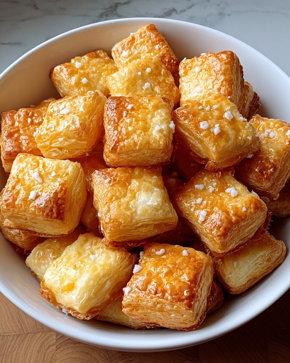 A white bowl is filled with many small golden-brown puff pastry squares that have a crispy, flaky texture. Each piece shows slight layers with a shiny, buttery surface and a few white spots of cheese or salt on top. The bowl sits on a white marbled texture background. photo taken with an iphone --ar 4:5 --v 7
